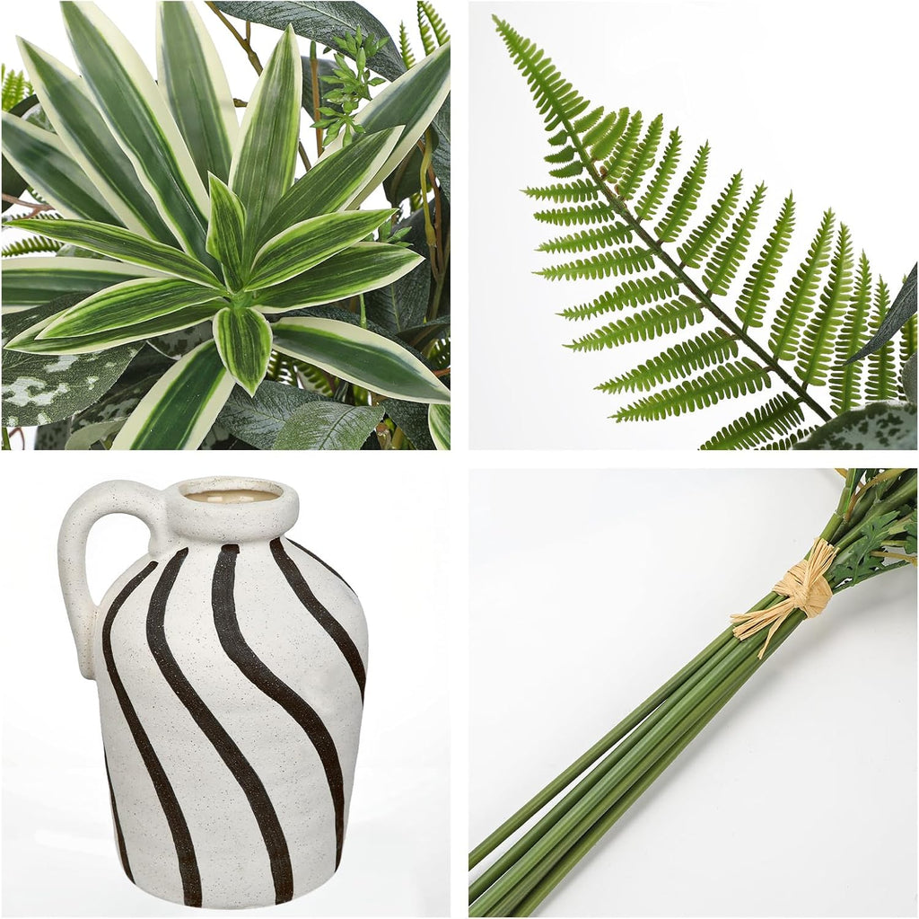 Artificial Greenery Arrangement with Cement Vase, Fake Potted Plants in Rustic Jug Planter, Faux Leaf Bouquet - Set of 6