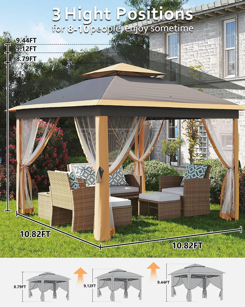 11x11 Pop Up Gazebo Tent with Mosquito Netting, Outdoor Canopy Shelter Easy Setup, Water & UV Resistant - Khaki