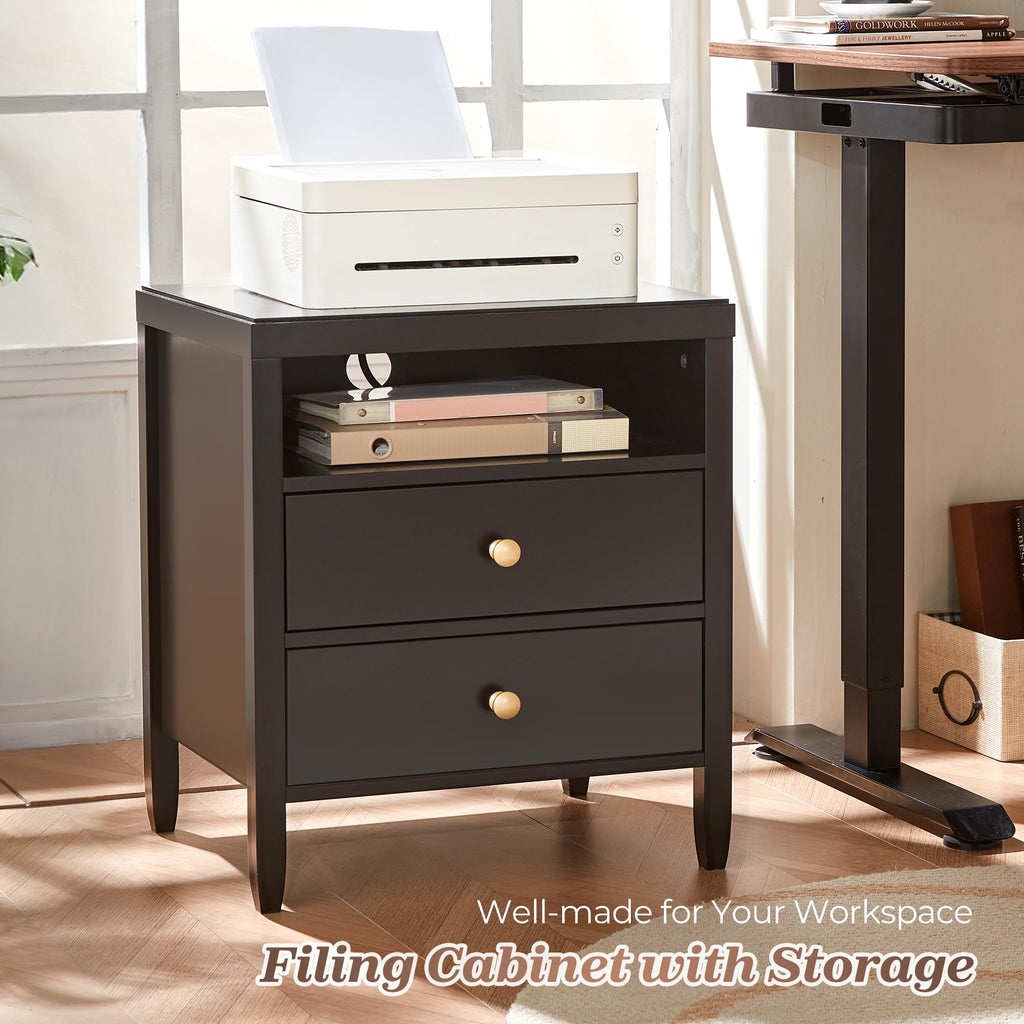Nightstand with Charging Station, Black Nightstand with 2 Drawers