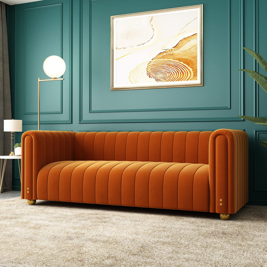 Tufted Couch Chesterfield Sofa Upholstered 81" W 3-Seater Comfy Sofa (Orange 2pcs)