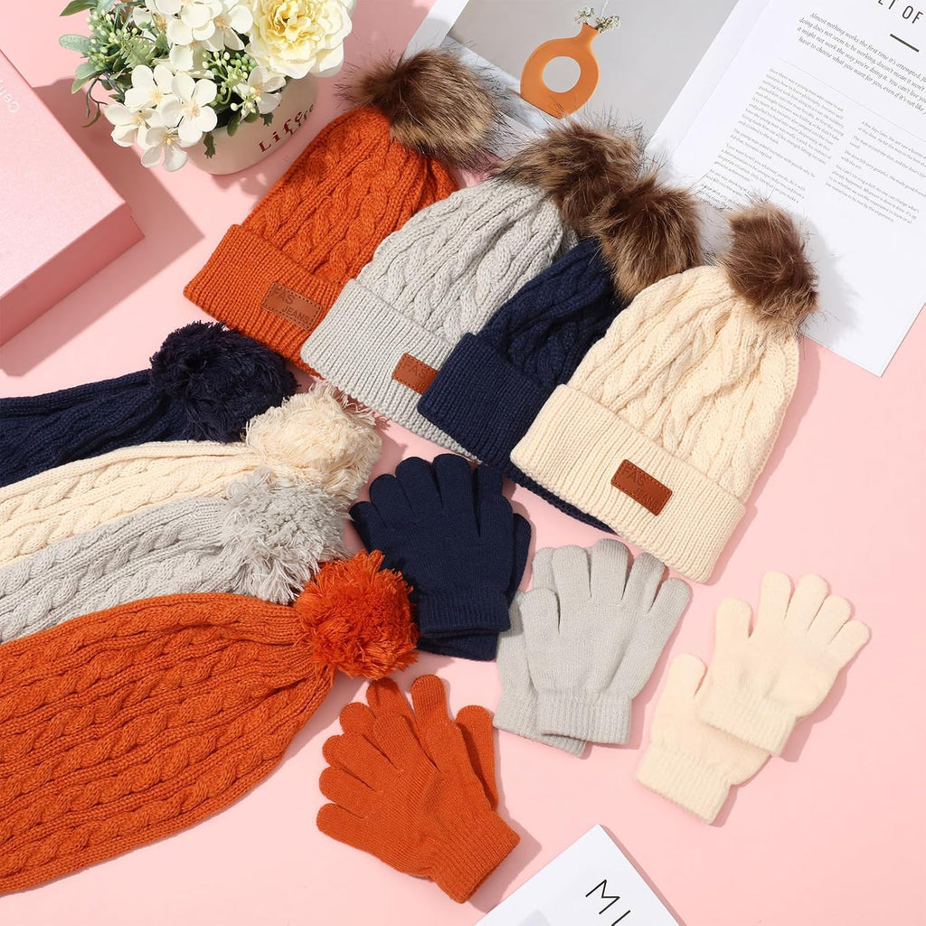 12 Pcs Kids Winter Knitted Kids Winter Beanie Hat Scarf Gloves Set, Warm Boy Girl Pom Hat Scarf Gloves for 5-12 Years