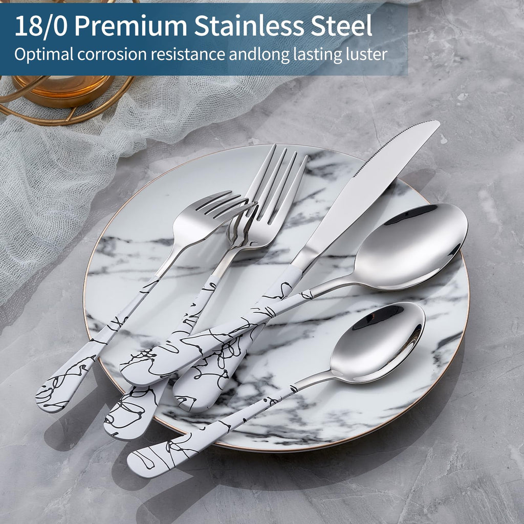 20-Piece White Silverware Set with White Handle 18/0 Stainless Steel Flatware Marbling Handle Cutlery Black Service