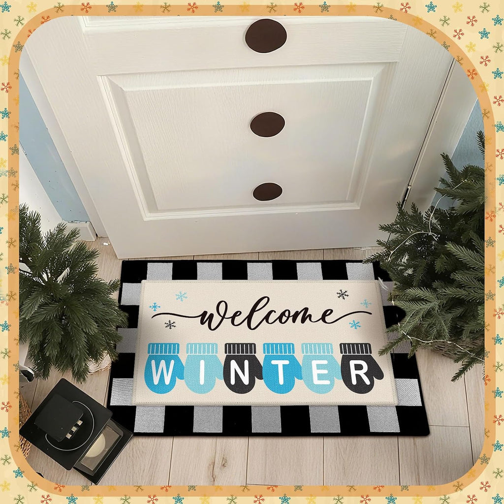 5 Pcs Seasonal Doormat Combo Set, Fall Winter Spring Summer,Cute | Welcome, Non Slip Rubber Backing, Buffalo Plaid
