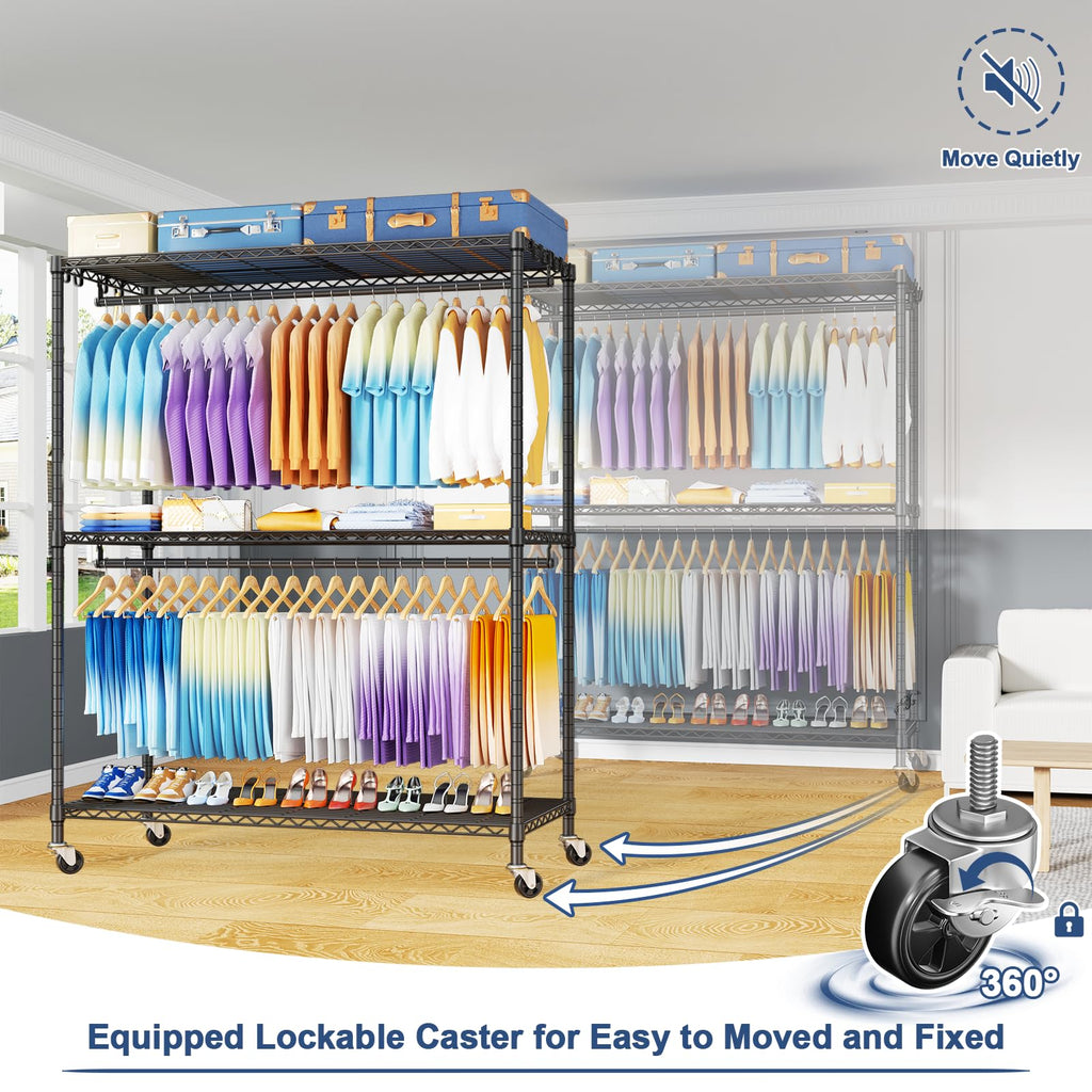 P8 Max Heavy Duty Clothes Rack(With Extended Width Design) Rolling Clothing Racks for Hanging Clothes, Portable