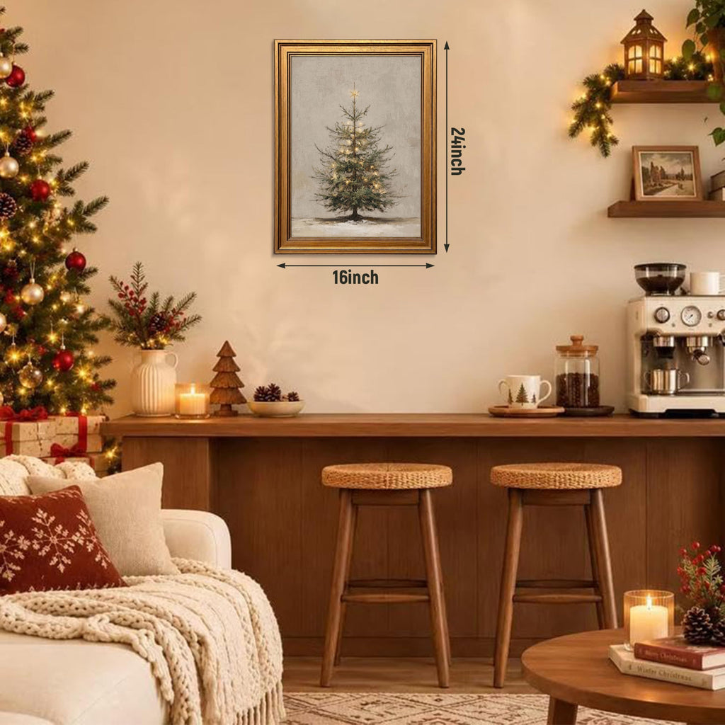 Gold Framed Christmas Wall Art, Christmas Tree Wall Decor, Lighted Evergreen Pine Canvas Print, Vintage Neutral