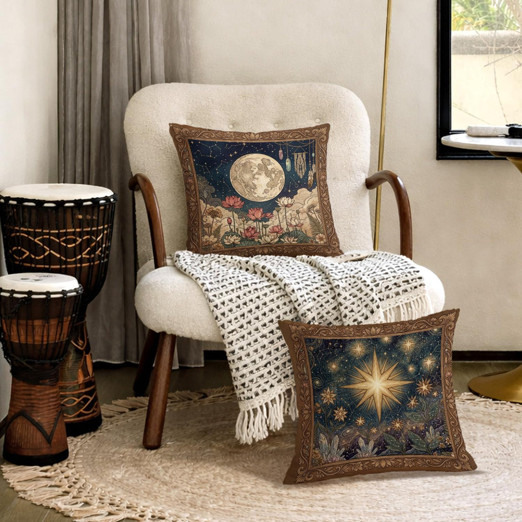 Celestial Night Sky Star Tarot Pillow Covers 18x18, Mystical Crystal Forest Botanical Witchy Astrology Decorative