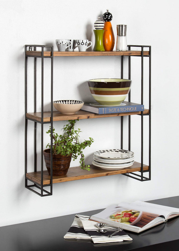 Lintz Modern Industrial Solid Wood with Black Metal Frame Floating Wall Shelves, Rustic Brown