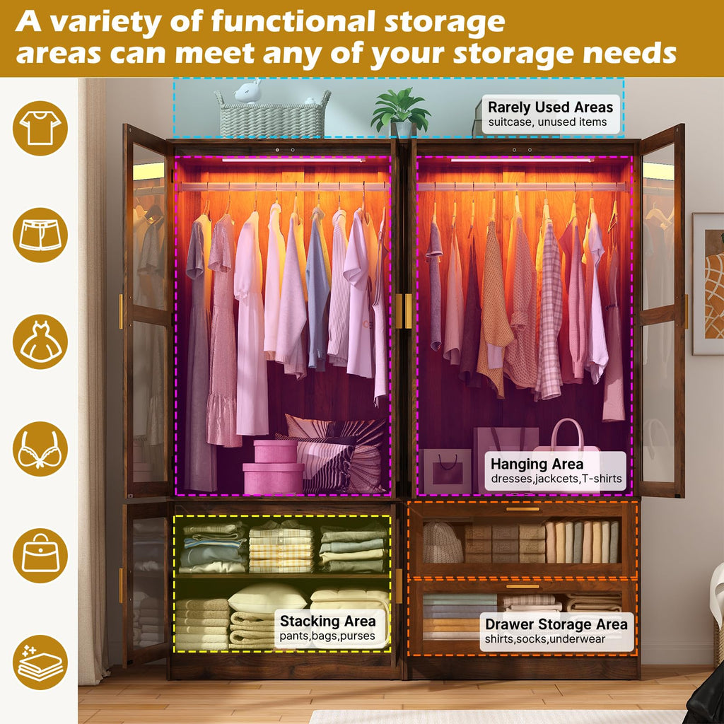 Armoire Wardrobe Closet with Sensor LED Light and Mirror