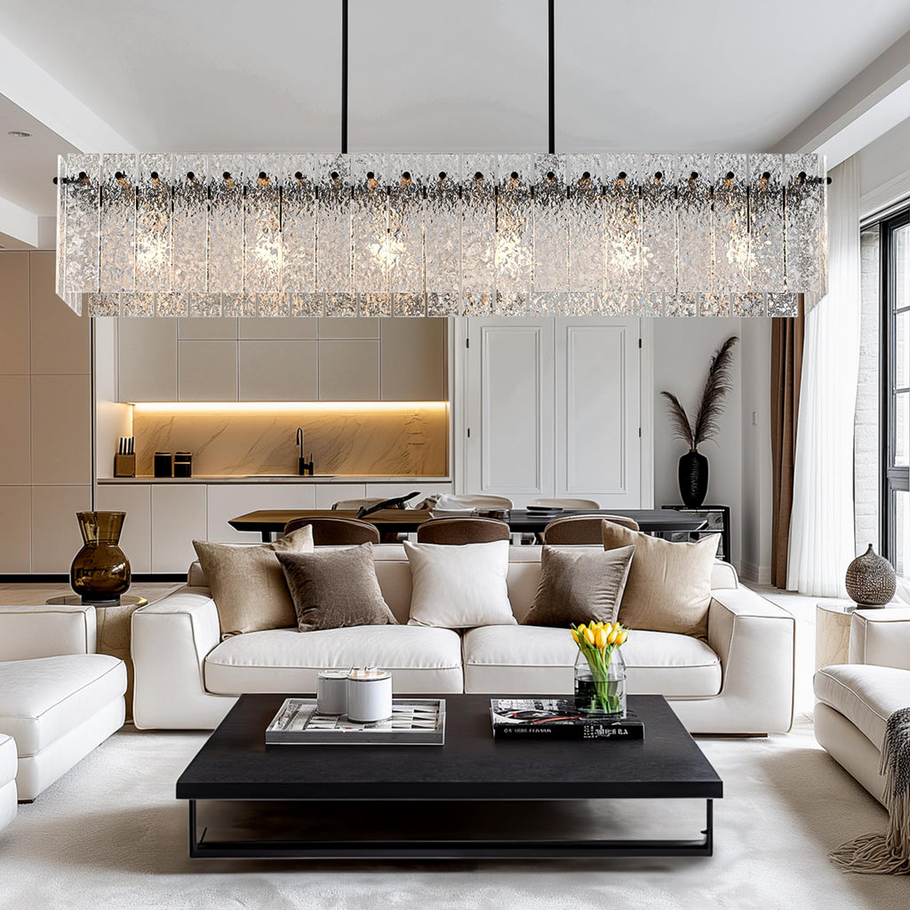 Modern Black Rectangle Chandelier, Black 48" Dining Room Chandelier with Water Ripple Glass, Linear Crystal