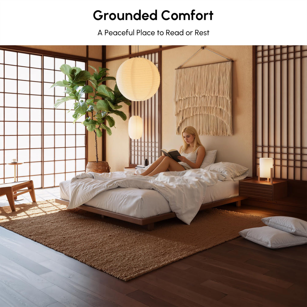Japanese Style Queen Floor Bed Frame, 6.3" Low Profile Tatami Platform Bed with Carbon Steel Slats & Wood-Finished