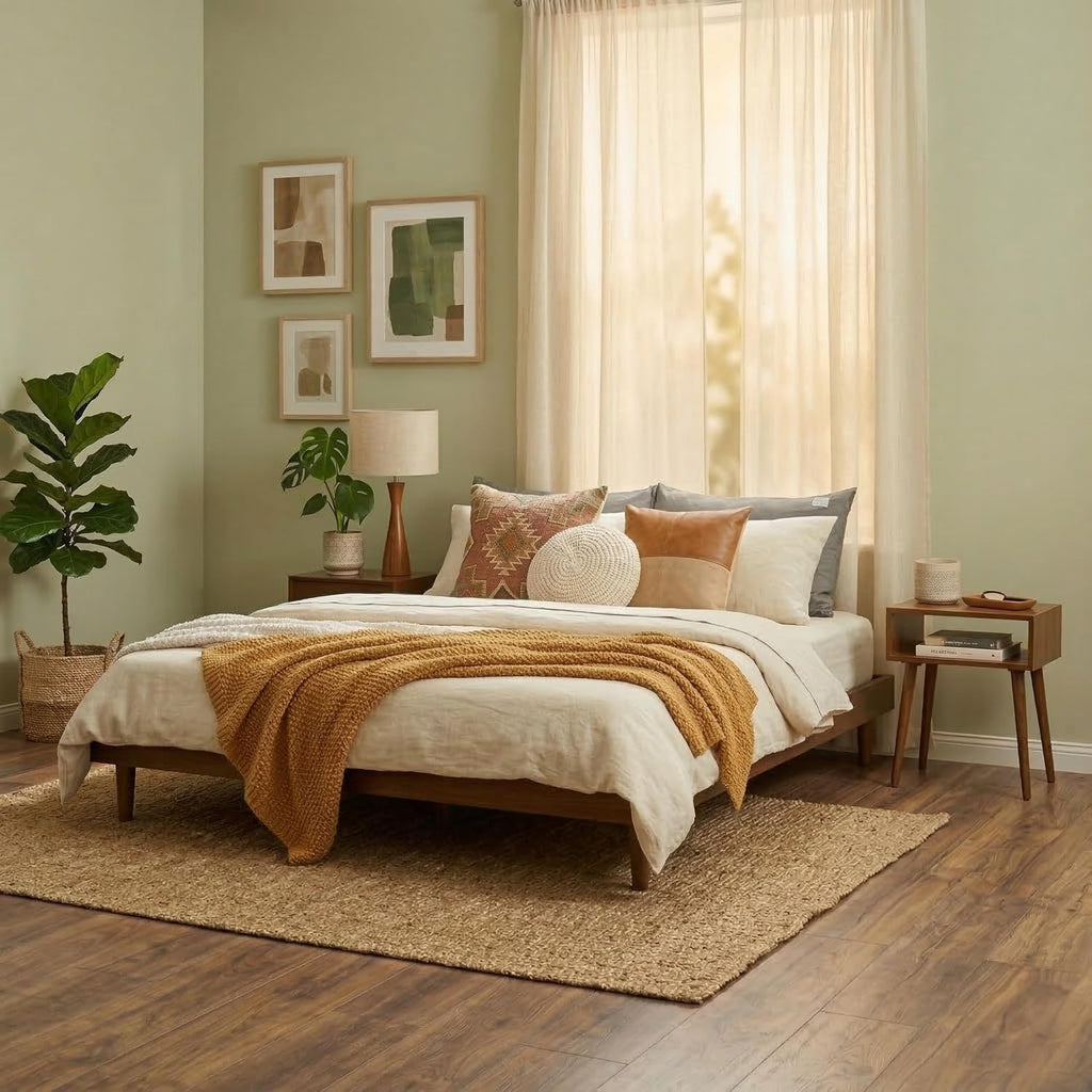 Fly Wooden Bed Frame Without Headboard, Crafted from Walnut, Rubber Wood with Silent Slats and Wood Central Supports