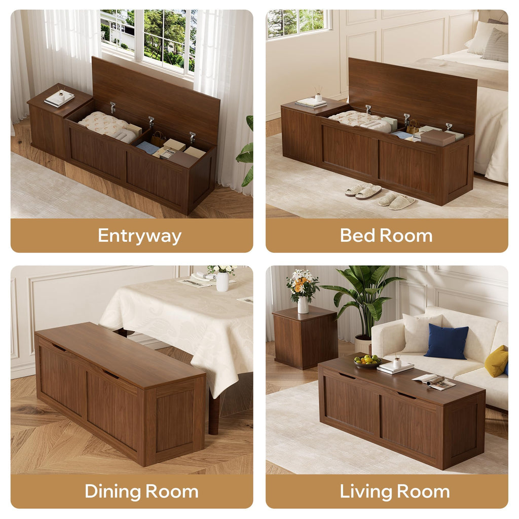 L Shaped Bench with Storage, 63" Breakfast Nook Benches, Wood Kitchen Corner Dining Bench Seating, Walnut Brown