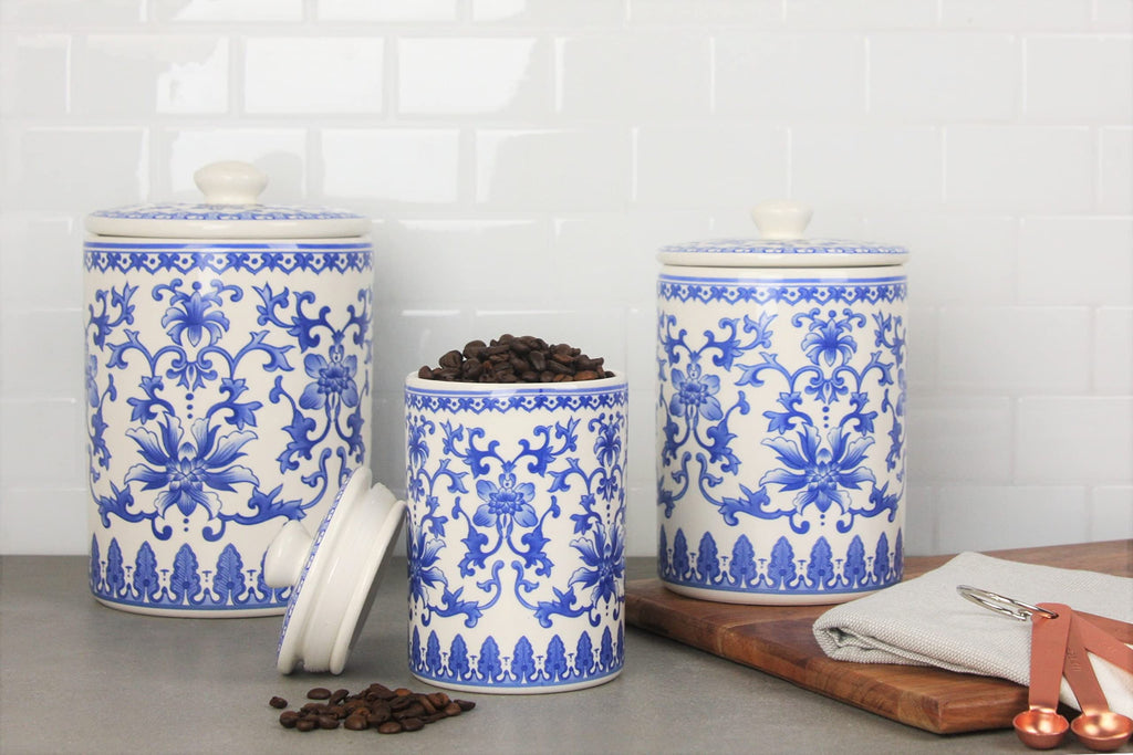 Chinoiserie 3 Piece Canister Set, White/Blue