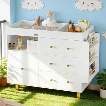 Wooden Baby Changing Table Dresser, Diaper Changing Table with Large Tabletop, 4 Drawers, Open Storage Space & Side