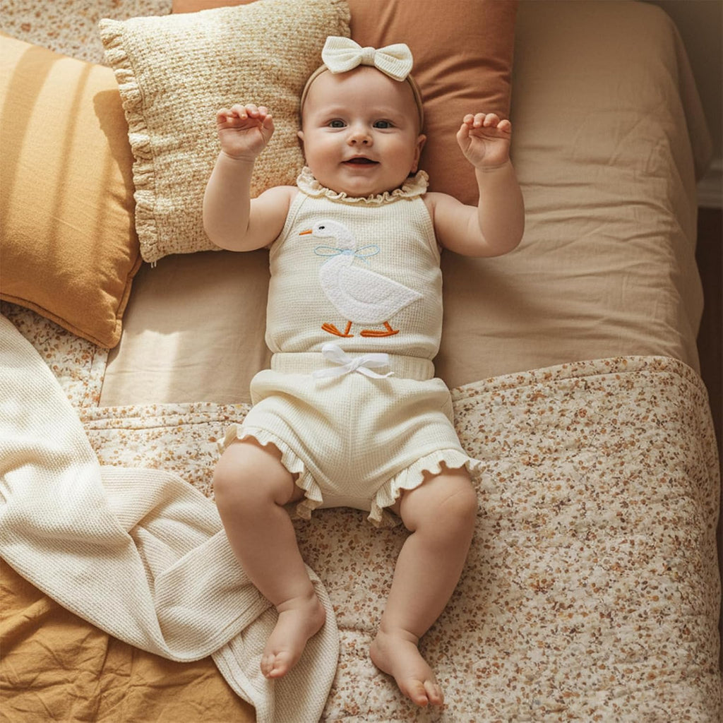 Newborn Baby Girl Clothes Silly Goose Outfit Waffle Knit Sleeveless Romper Ruffle Shorts Set Spring Summer Clothes