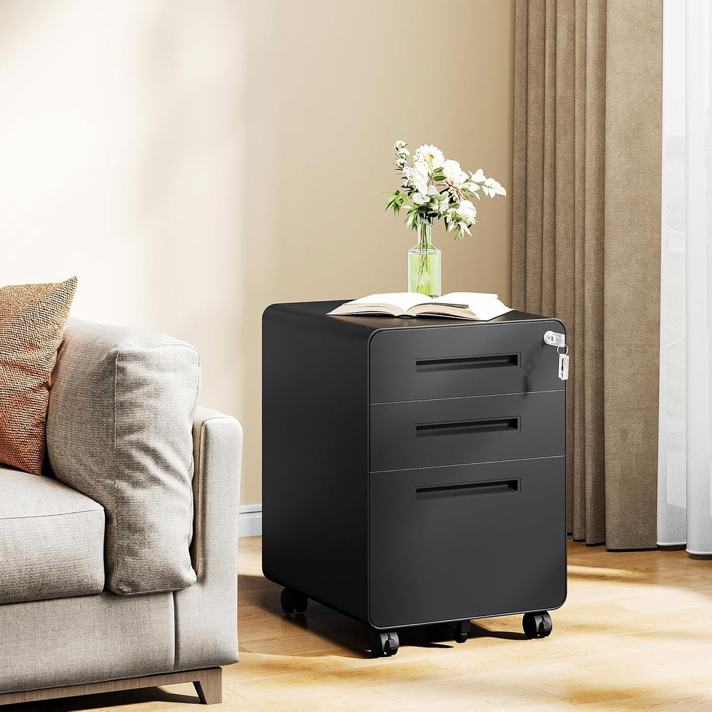 Mobile Filing Cabinet 3 Drawer, Rolling Small File Cabinet with Keys Under Desk, Modern Black Filing Cabinets with