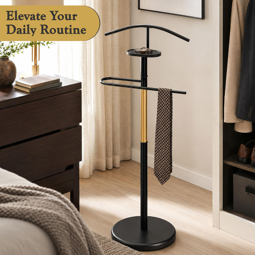 Luca Valet Stand - Metal Freestanding Suit Rack and Clothes Organizer with Clothing Bar, Trouser/Tie Holder &
