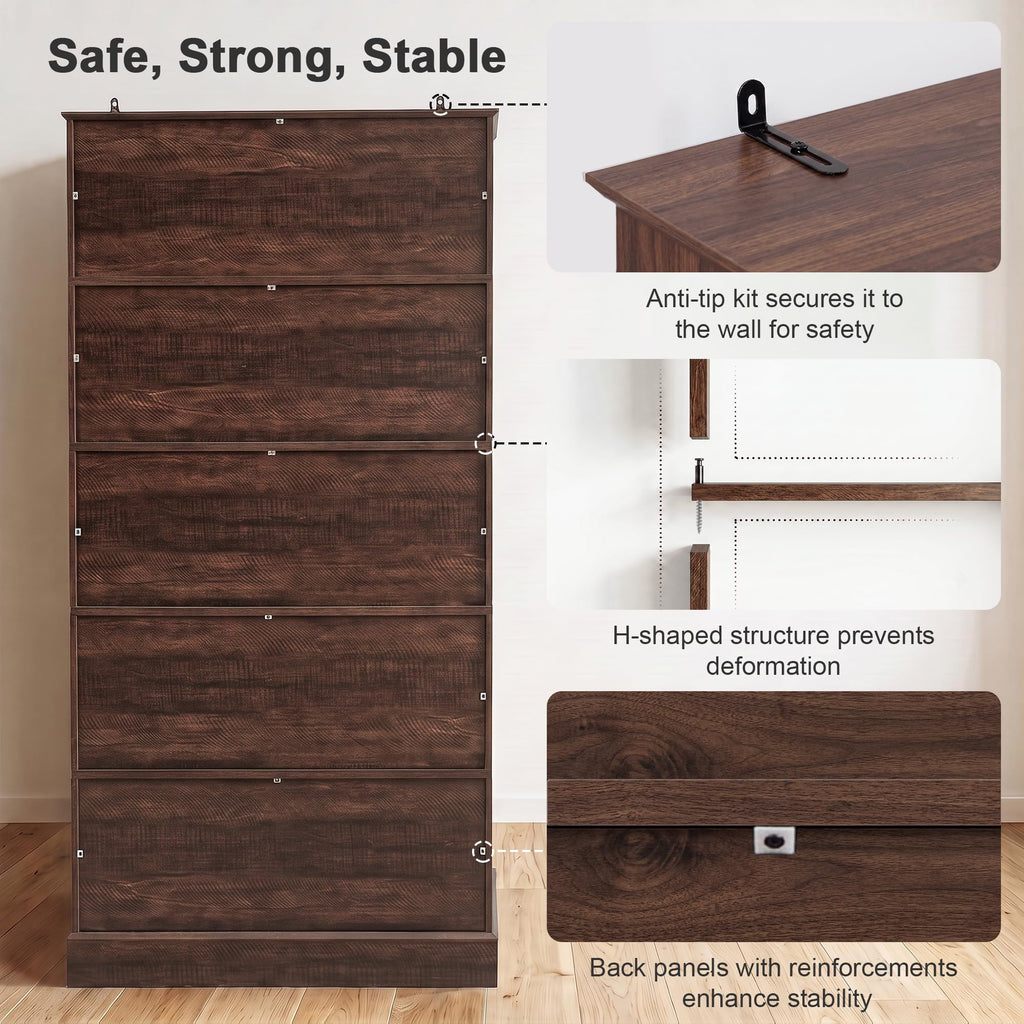 5-Tier Bookshelf, 64inch Tall Wood Bookcase, Dark Walnut