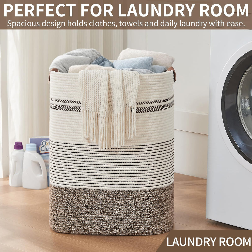 Laundry Hamper - Tall Woven Rope Laundry Basket - Clothes hamper with Leather Handles, 17" X 13.8" X 22", Blanket