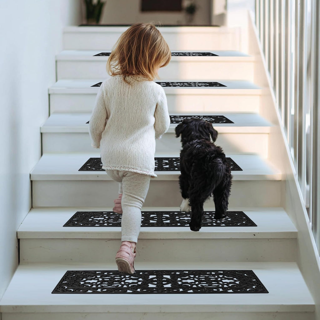 Stair Treads - 4 Pack 10x30 inch Non-Slip Rubber Stair Mats | Sturdy Heavy Duty Drainage Staircase Step Mats