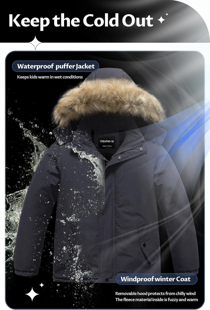 Boys' Waterproof Snow Coat Parka Windproof Winter Jacket With Detachable Fleece Hood