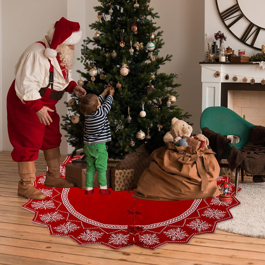60inch Extra Large Christmas Tree Skirt Wavy Edged Reversible Knitted Tree Skirt Burgundy & Snowflake Pattern Thick