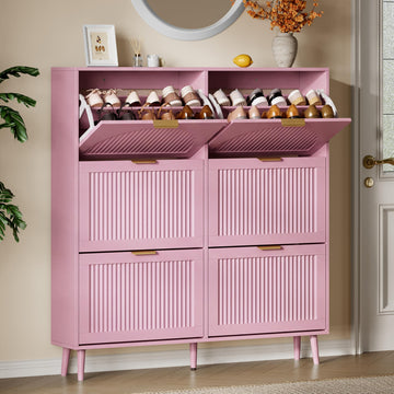 Shoe Storage Cabinet with 6 Flip Drawers, 50" Tall Narrow Wood Fluted Shoe Organizer, Freestanding Wooden Hidden