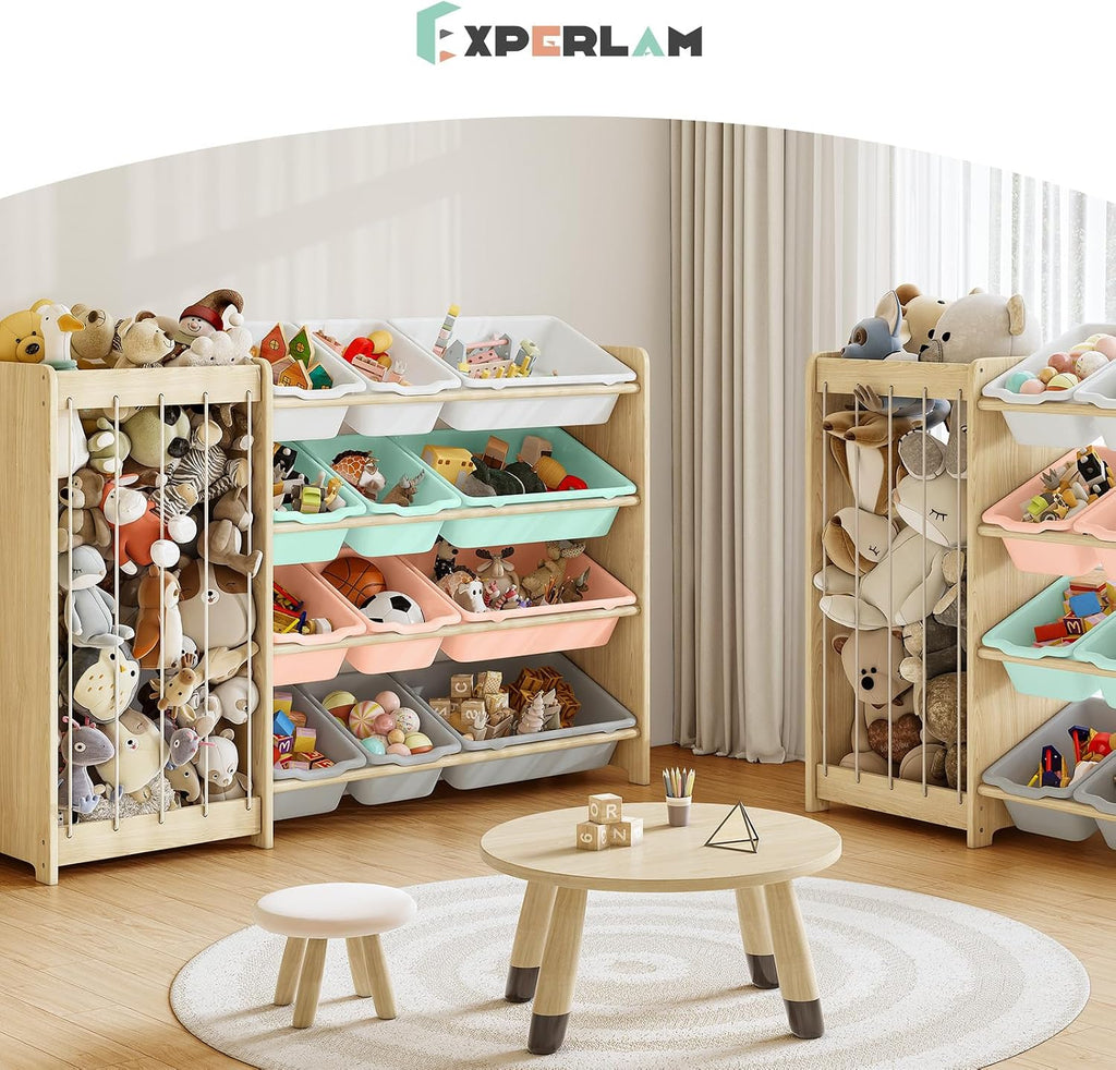 Kids Toy Storage Organizer, 2-in-1 Stuffed Animal Storage & Toy Organizer w/12 Bins, Solid Wood Toy Rack Featuring