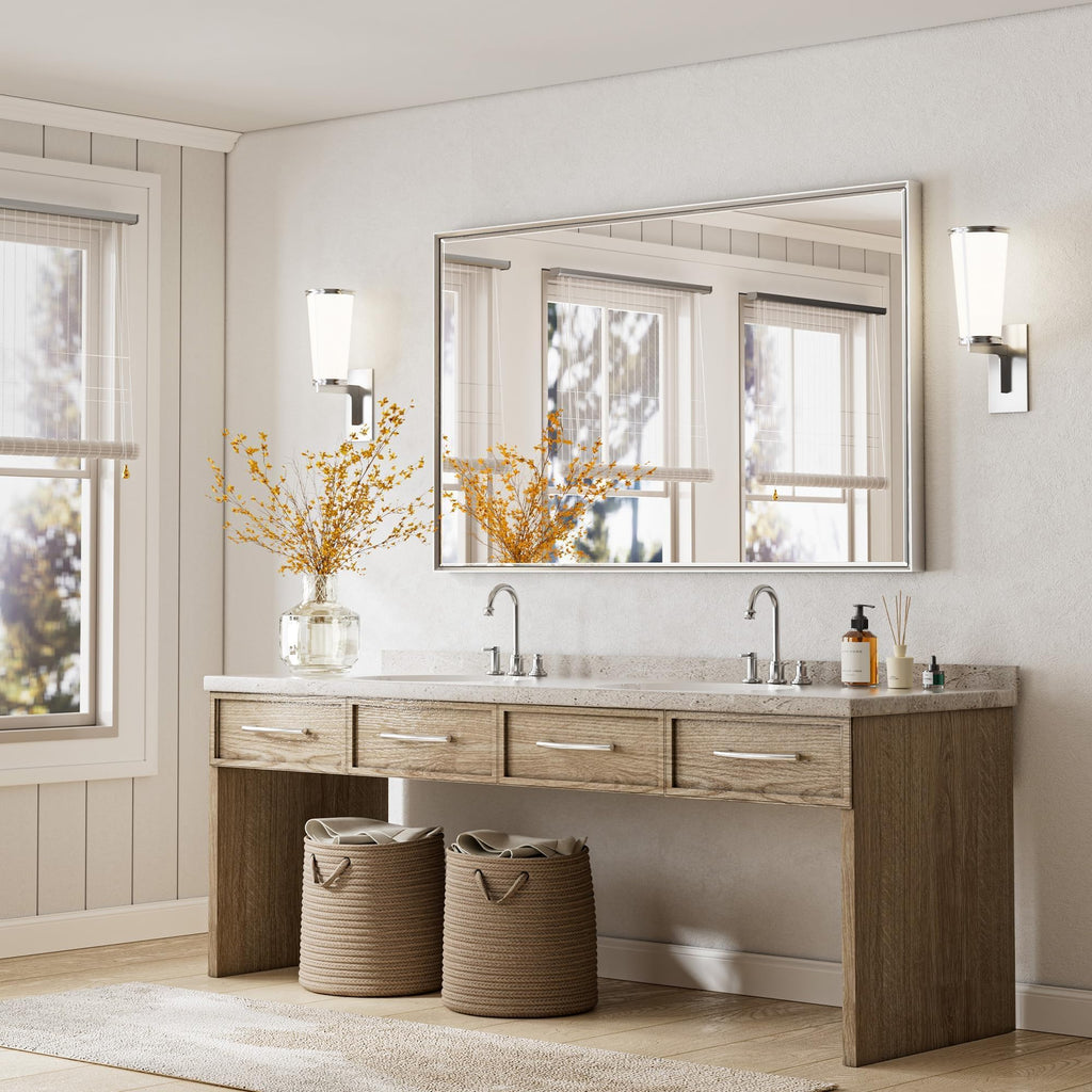 60'' x 36'' Large Beveled Silver Bathroom Vanity Mirror, Shatterproof Rectangle Silver Metal Framed Mirror Wall