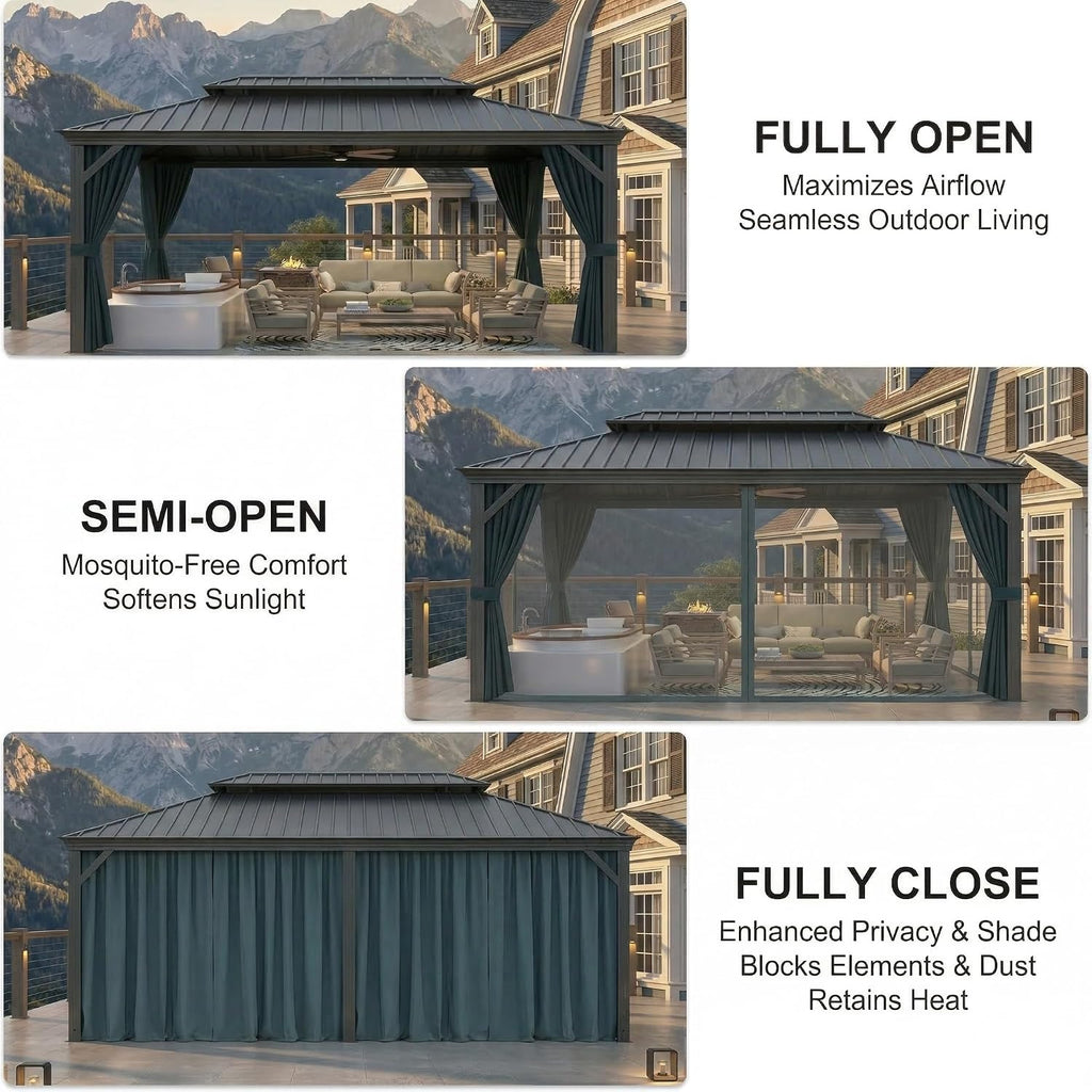 10x15 Hardtop Gazebo On Clearance with Galvanized Steel Double Roof,Heavy Duty Gazebo with Flame-Retardant Curtain &