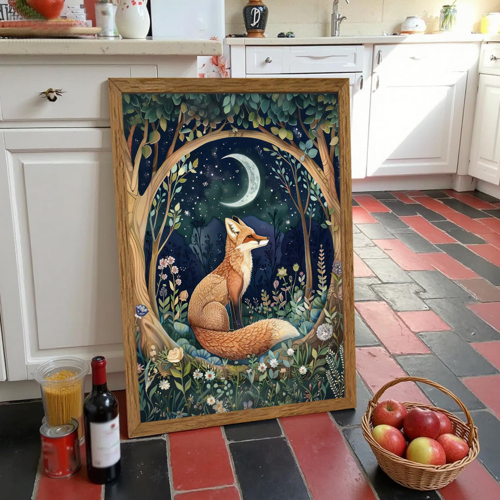 Fox and Moon Decor Whimsical Forest Animal Wall Art 16x24 in