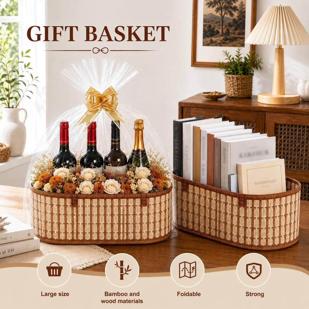 2 Set Baskets for Gifts Empty, Foldable Woven Basket for Gifts with Handles