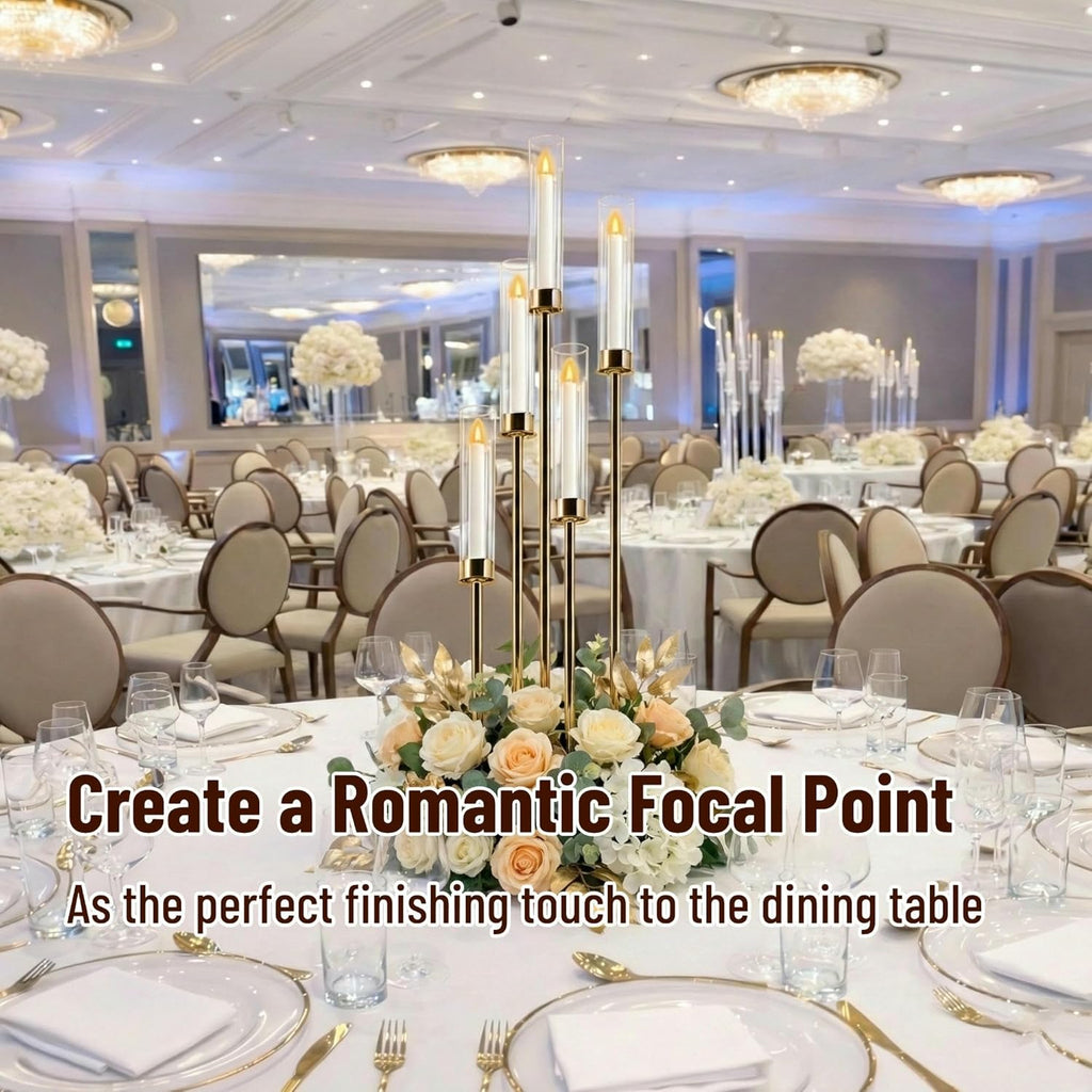 Candelabra Gold Centerpiece 5 Arms Taper Candle Holder Gold Centerpiece with Acrylic Tubes for Table Decoration