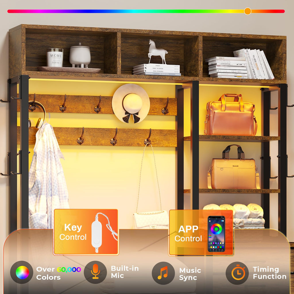 Hall Tree with Bench and Shoe Storage, 7-in-1 Entryway Bench with Coat Rack, 3 Storage Cubbies, 3 Open Shelves, 17