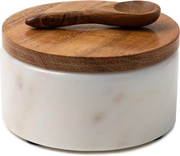 Marble Salt Cellar with Acacia Wood Lid and Spoon, White