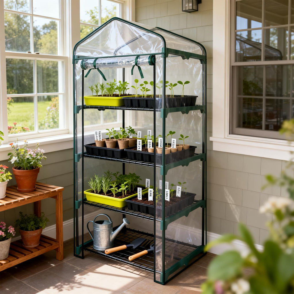 4 Tier Mini Greenhouse - 63'' H x 27'' L x 19'' W - Sturdy Portable Gardening Shelves with PVC Cover - Small Green