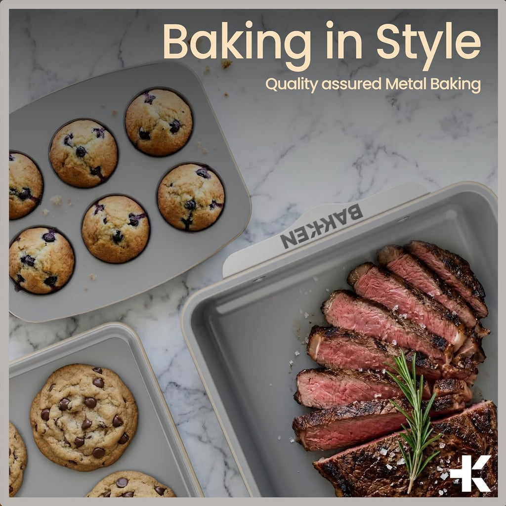 Bakken 8-Piece Ceramic Coated Bakeware Sets, Nonstick Aluminized Steel Pans with Muffin, Loaf, Cake, Roasting Pan, &