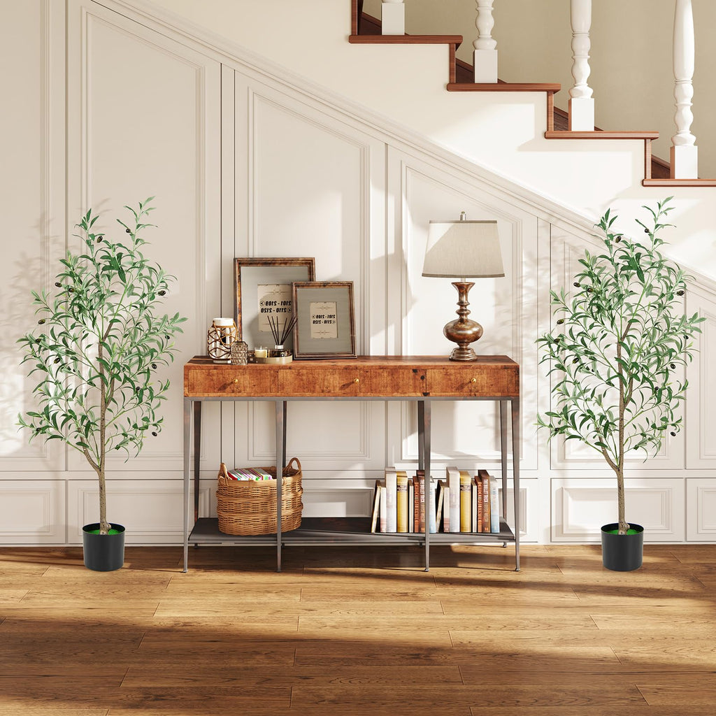 2 Pack Artificial Olive Tree, 4.5FT Faux Potted Olive Silk Tree with Realistic Branch Leaves & Fruits, Fake Greenery