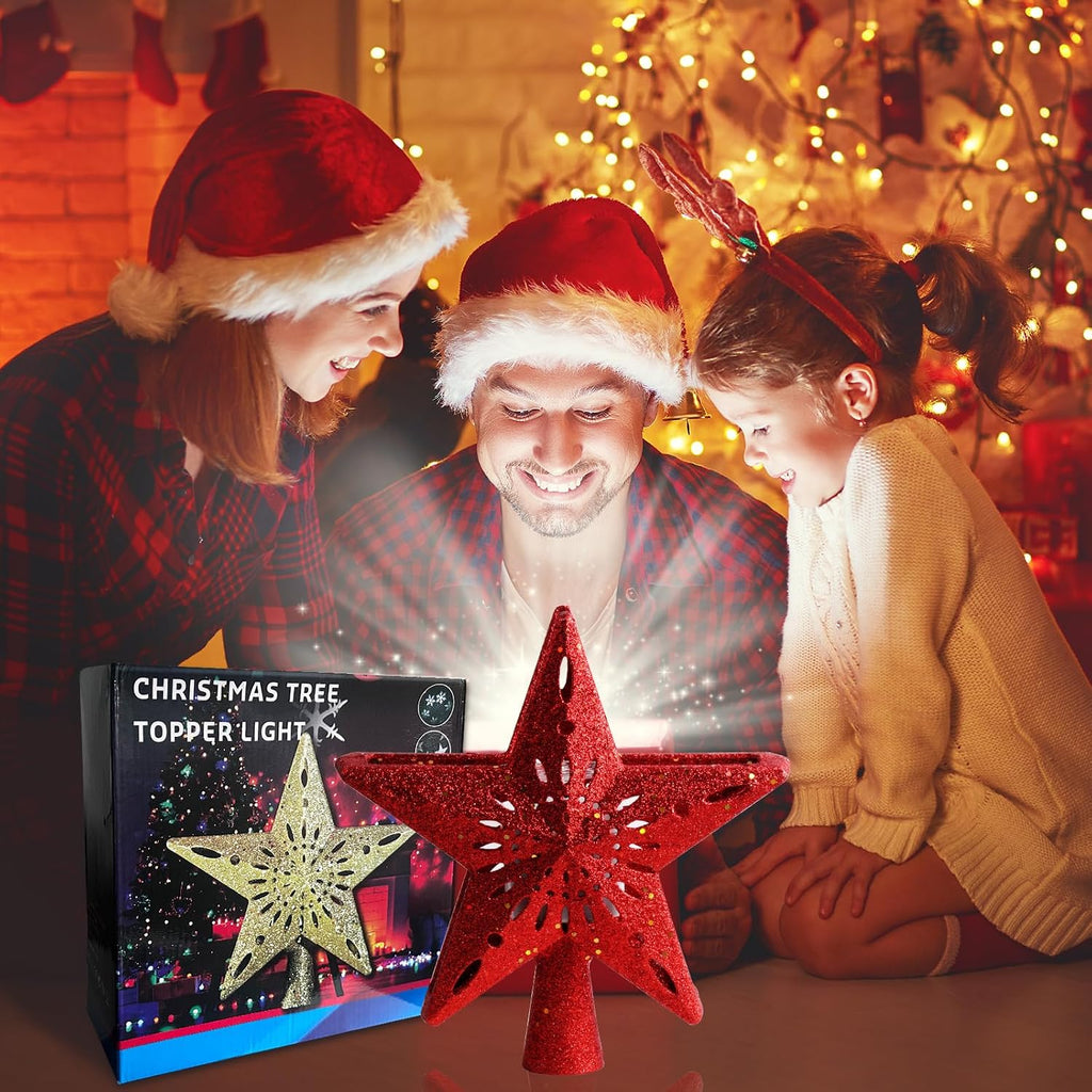 Tree Topper Lighted with 6 Projected Patterns -Christmas Star Tree Topper Built-Led Rotating Lights -3D Glitter