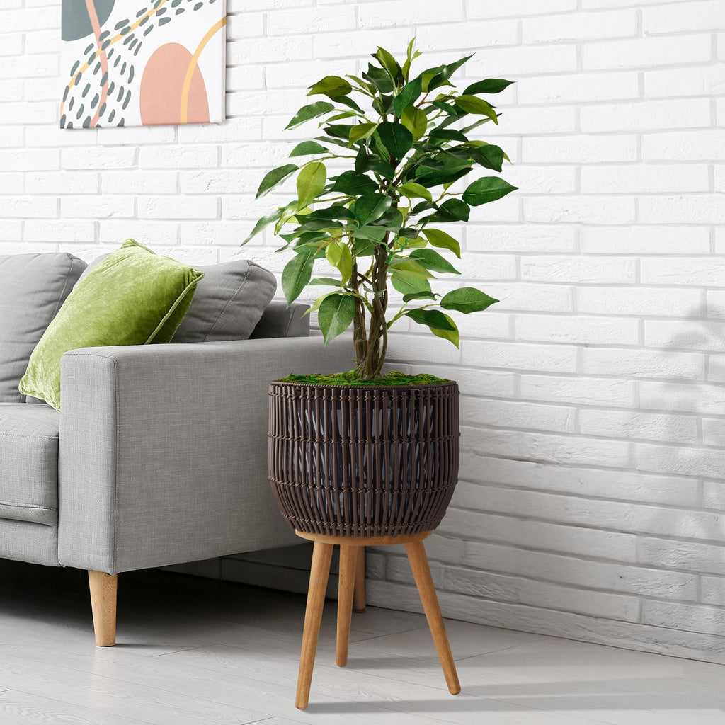 Indoor Planter with Stand, Dark Brown Floor Planter with Wood Legs, Large Plant Pot Cover with Liner plants, Flower