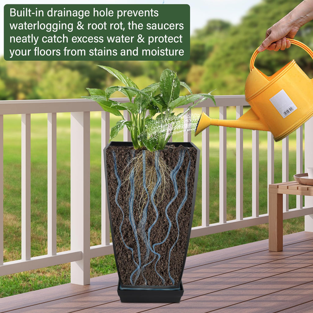 Set of 2 Tall Planter, 21 inch Large Plastic Planter, Cement Gray