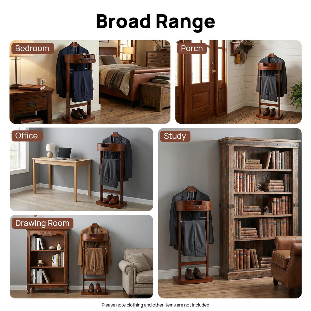 Wood Suit Rack, Freestanding Clothing Valet Stand Clothes Valet Suit Racks Mens Compact Wooden Clothing Valets Stand