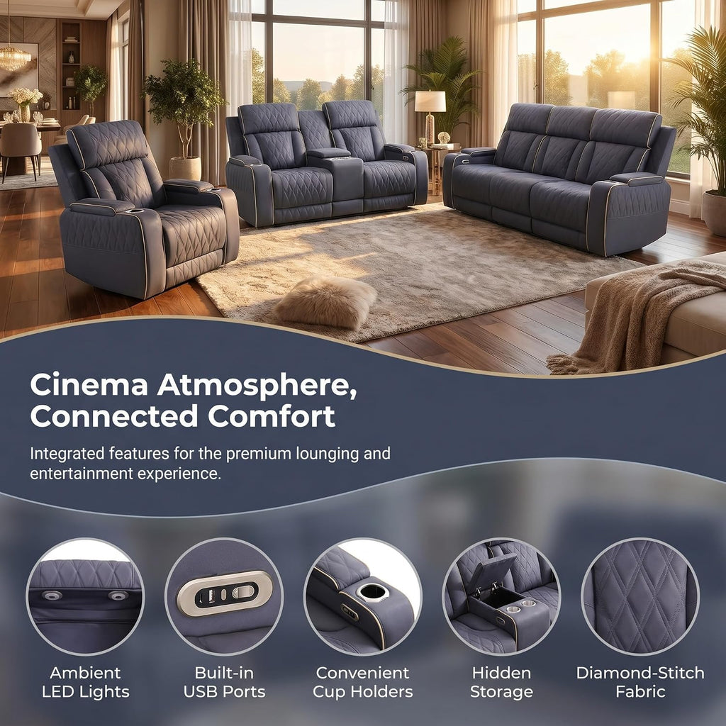 2 Piece Recliner Loveseat Set, Power Reclining Leather Couch with LED Lights, USB Charging, Cup Holders & Storage