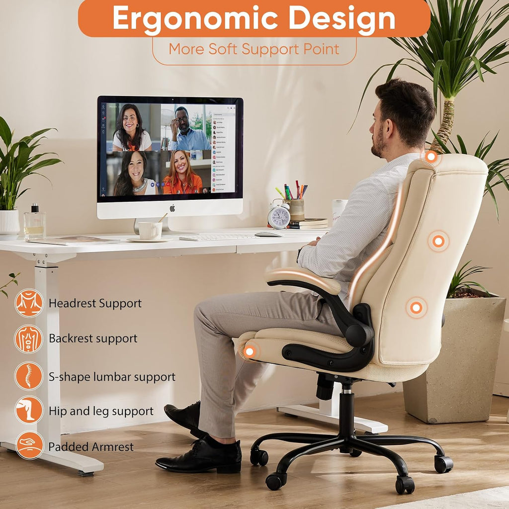 Office Executive Chair - Heavy Duty High Back Home Desk Chair with Flip-up Armrest, PU Leather, Height Adjustable &