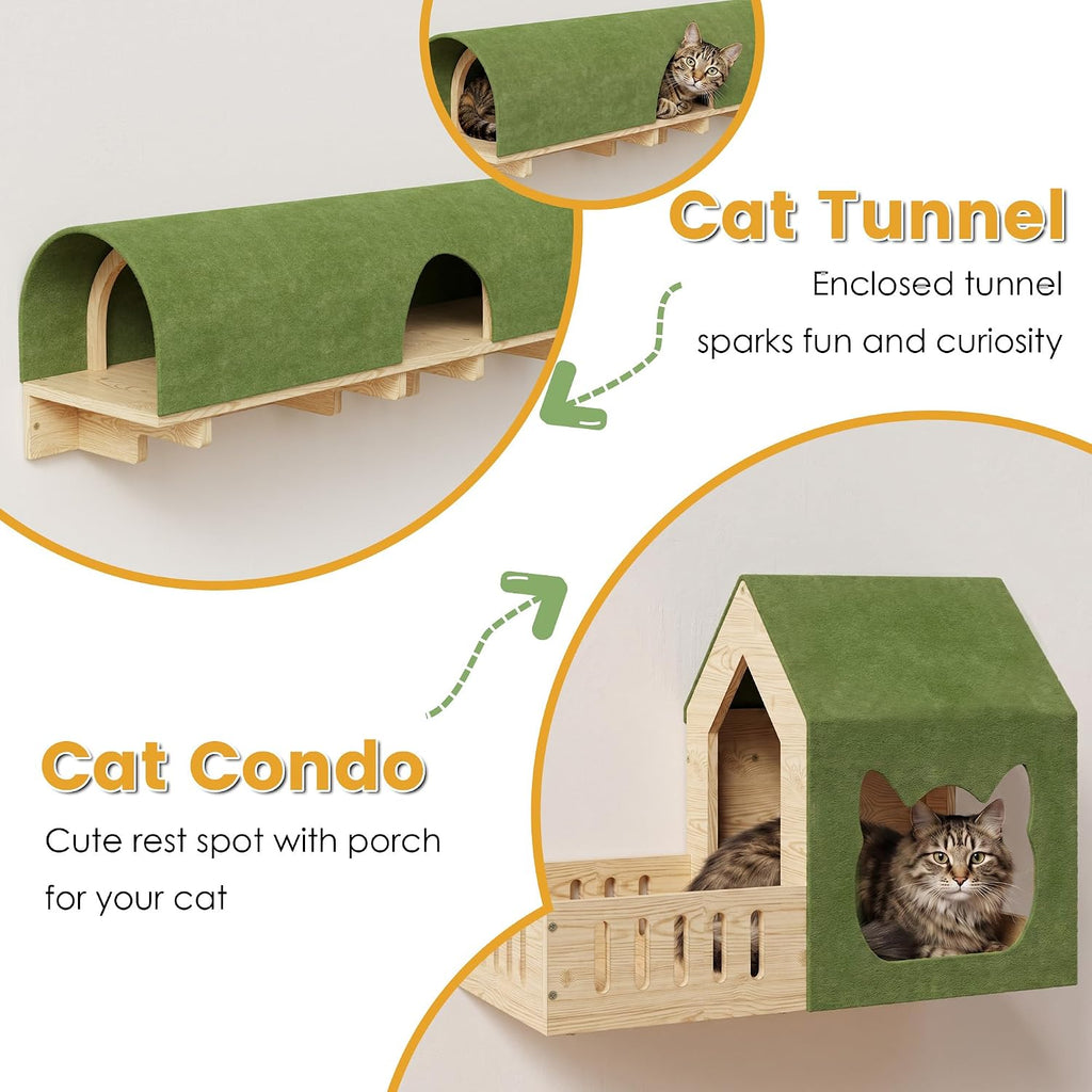 16-in-1 Cat Wall Shelves, Solid Pine Wood Cat Climbing System with Tunnel, Perch, Bridge, Condo and Sisal Scratching