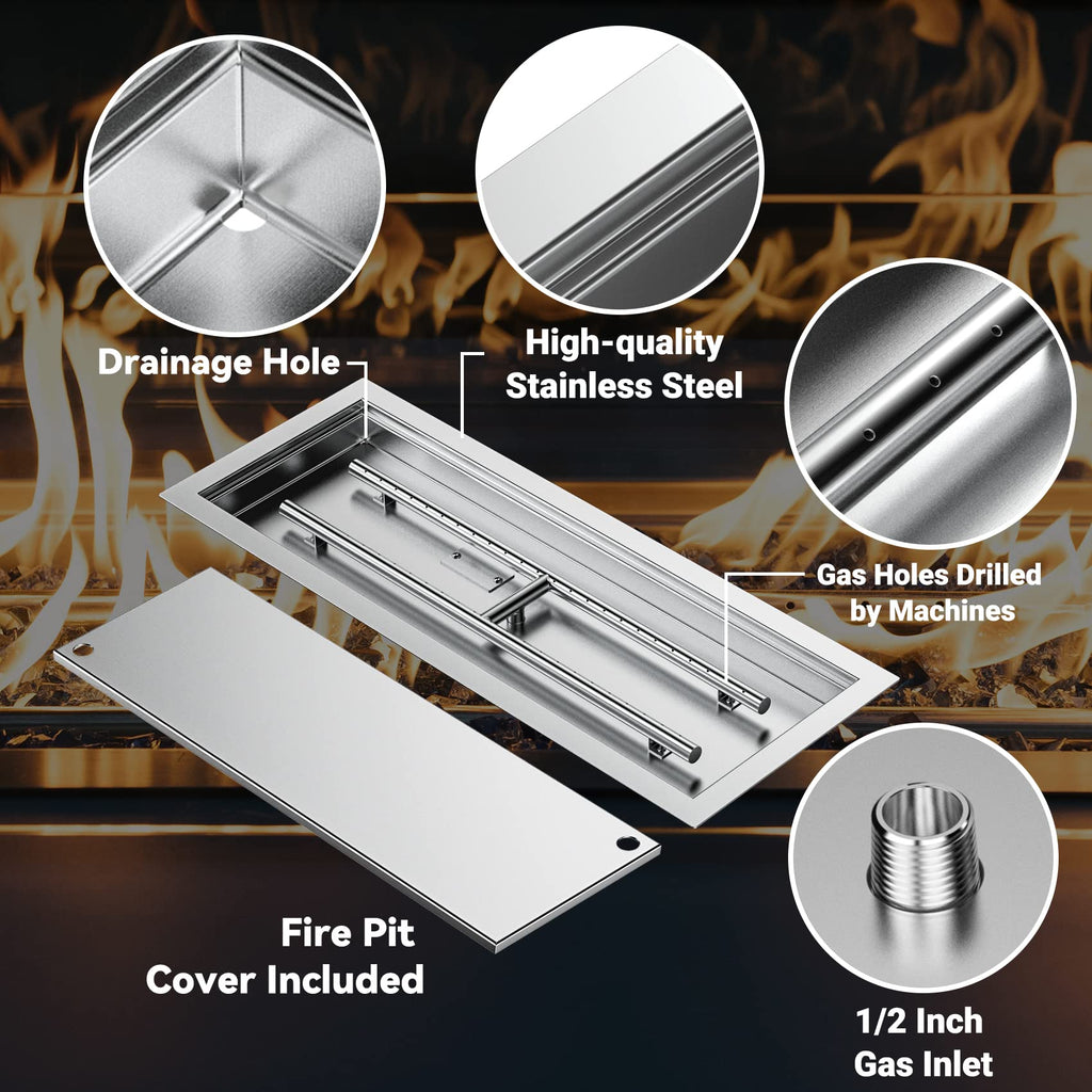Rectangular Stainless Steel Fire Pit Pan & Burner, 24x8 Inch