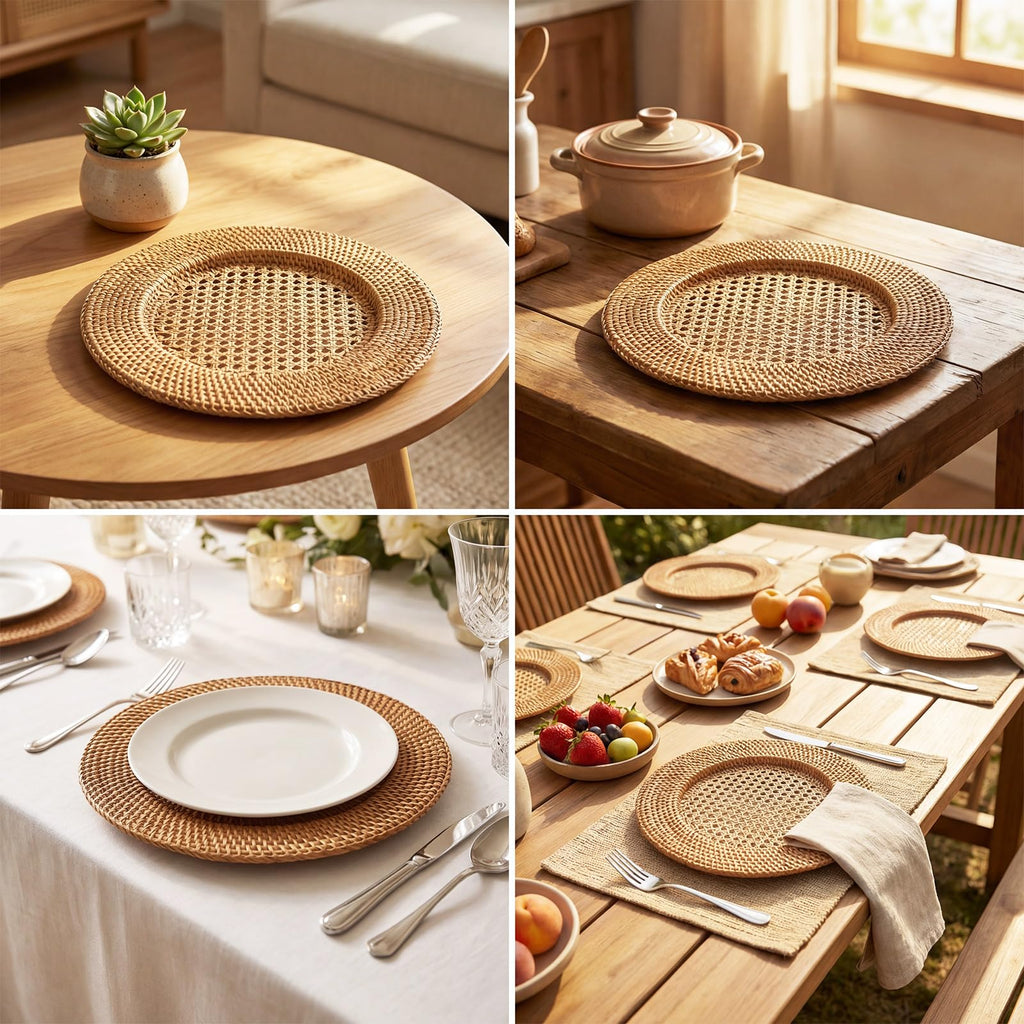 4 Pack 13" Rattan Charger Plate, Brown, Hollow Out