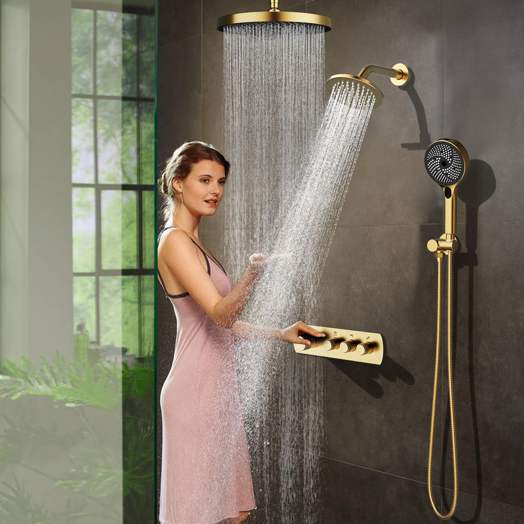 Shower System Brass Thermostatic Shower Faucet Set With Valve and Diverter Shower Mixer with 2 Rain Shower Head and