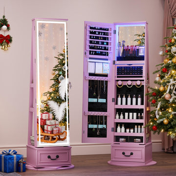 LED Mirror Jewelry Cabinet Standing, 360°Swivel Jewelry Armoire with Full Length Mirror, Mirror with Jewelry Storage