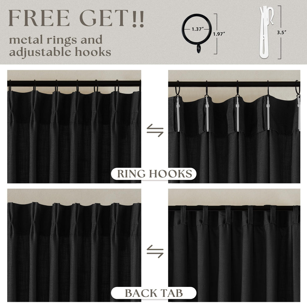 Black Pinch Pleated Linen Semi Sheer 120 Inch Curtains 2 Panels